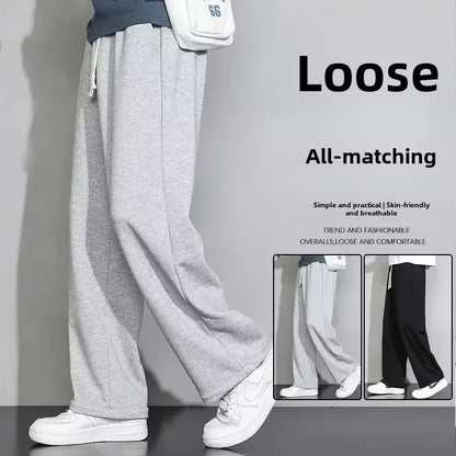 Men's Grey Loose-fit Straight-leg Casual Pants Summer Lightweight Draped Wide-leg Sweatpants For Men Comfortable Long Pants.
