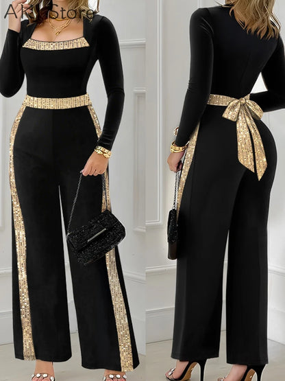 Sequin Bowknot Contrast Sequin Square Neck Long Sleeve Wide Leg Party Jumpsuit.