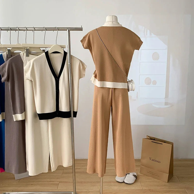 Fashion Knitted 2 Pieces Sets Women V-Neck Single Breasted Cardigan+High Waist Wide Leg Long Pants 2024 New Solid Sweater Suits.
