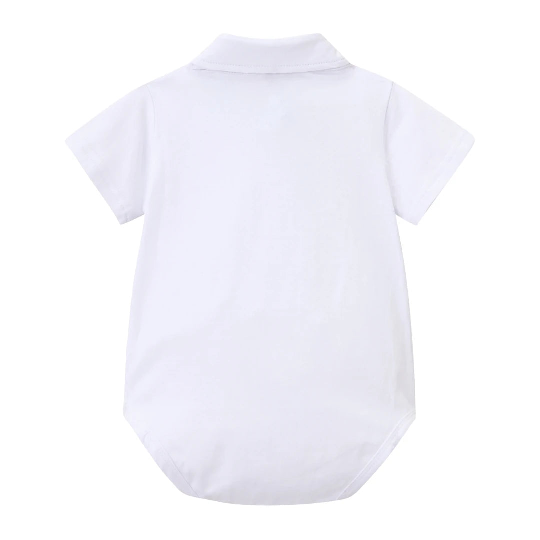 Black & White Classic Baby Boy Clothes Strap Set for Infant 1st Birthday Party Summer Short Sleeve Romper with Solid Shorts Suit.