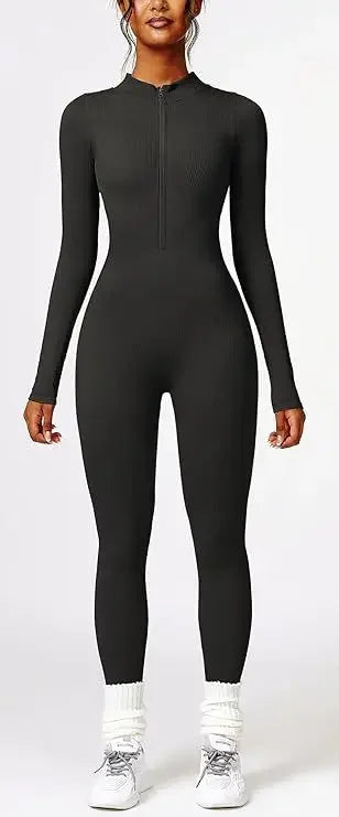 Seamless Long Sleeve Yoga Suit One-Piece Tightening Fitness Leisure Sports Jumpsuit with Zipper for Women.