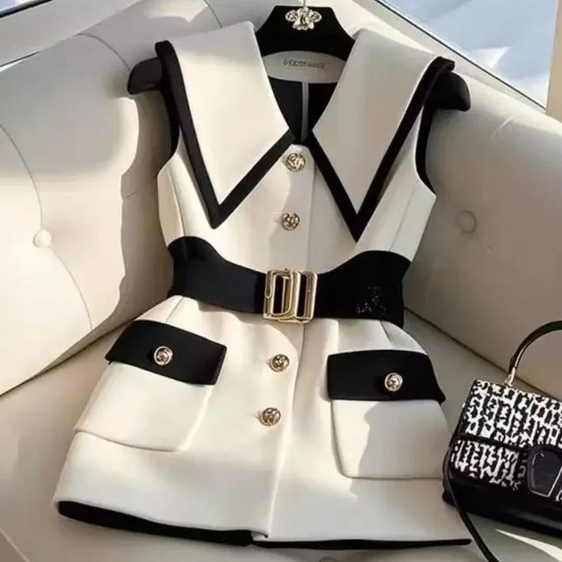 Frühling Sommer Jacke Weste Farbe Block Kaffee Ärmellose Blazer Weste Retro Weibliche Oberbekleidung Alle-spiel Mode Büro Dame.