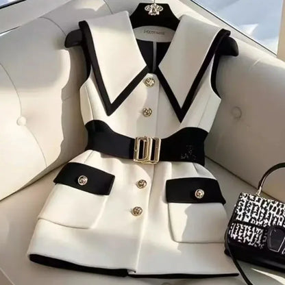 Frühling Sommer Jacke Weste Farbe Block Kaffee Ärmellose Blazer Weste Retro Weibliche Oberbekleidung Alle-spiel Mode Büro Dame.