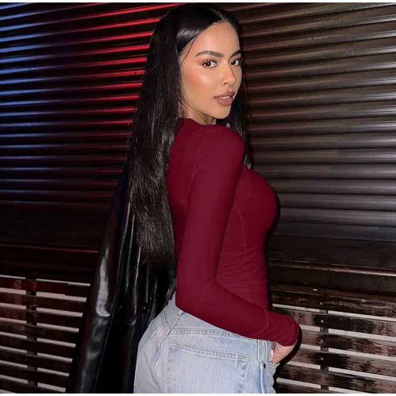 Turtleneck Women Tees Sexy Slim Long Sleeve Pleated All-match Basic Lady T-shirts Spring Autumn Fashion Chic Female Top 2025.