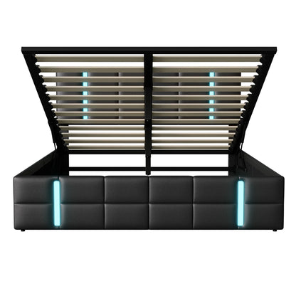 Lazyspace PU-Polsterbett, anhebbarer Bettrahmen mit Stauraum, 2 USB-Anschlüsse + LED-Licht, moderne Schlafzimmermöbel für Zuhause, 140/160 x 200 cm