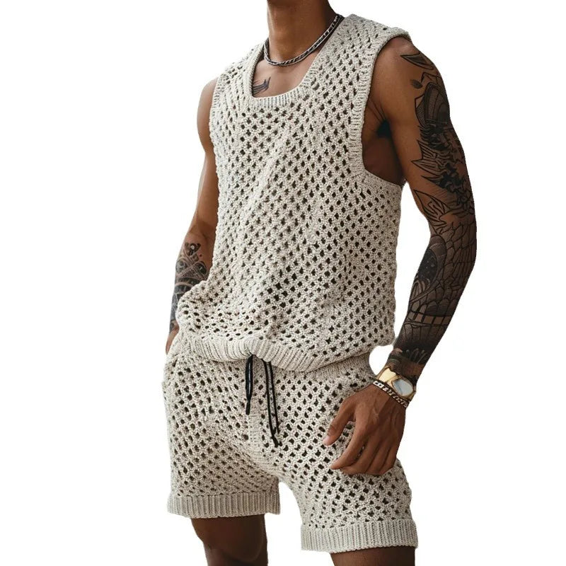 2025 Men's Summer Casual Knit Two-piece Sets Fashion Solid Loose Tank Tops and Shorts Beach Sport Suit Men Hollow Out Streetwear.