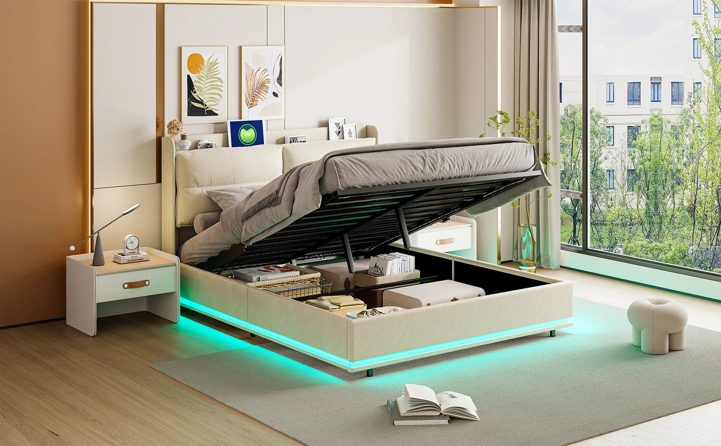 Lazyspace gepolstertes Doppelbett mit LED-Licht, Bettgestell 160 x 200 cm, Druckbett mit Lattenrost aus Holz, ohne Matratze