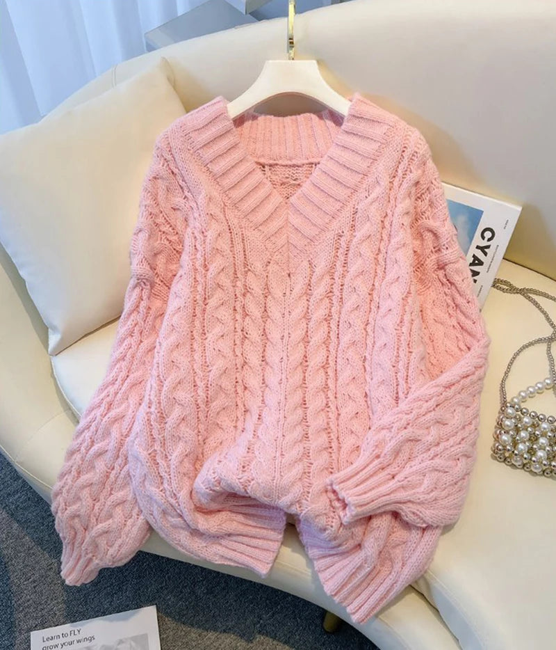 MEXZT Harajuku Pullover Frauen Mode Übergroßen Rosa V-ausschnitt Gestrickte Pullover Koreanische Langarm Strickwaren Winter Casual Jumper.