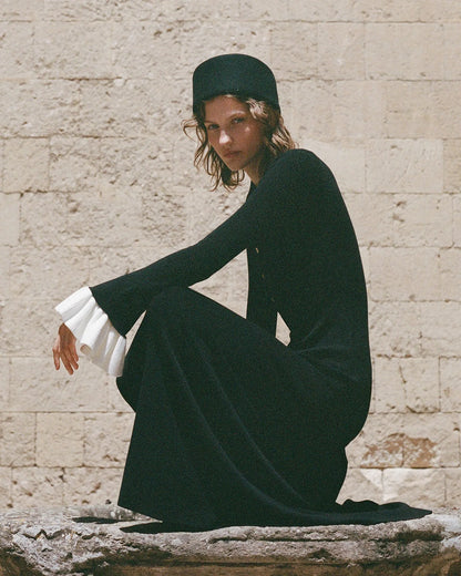 Tossy Weibliche Rüschen Strickwaren Langes Kleid Mode Patchwork Schlank Kontrast Revers Casual Party Kleid Kleid frauen Stricken Maxi Kleid.