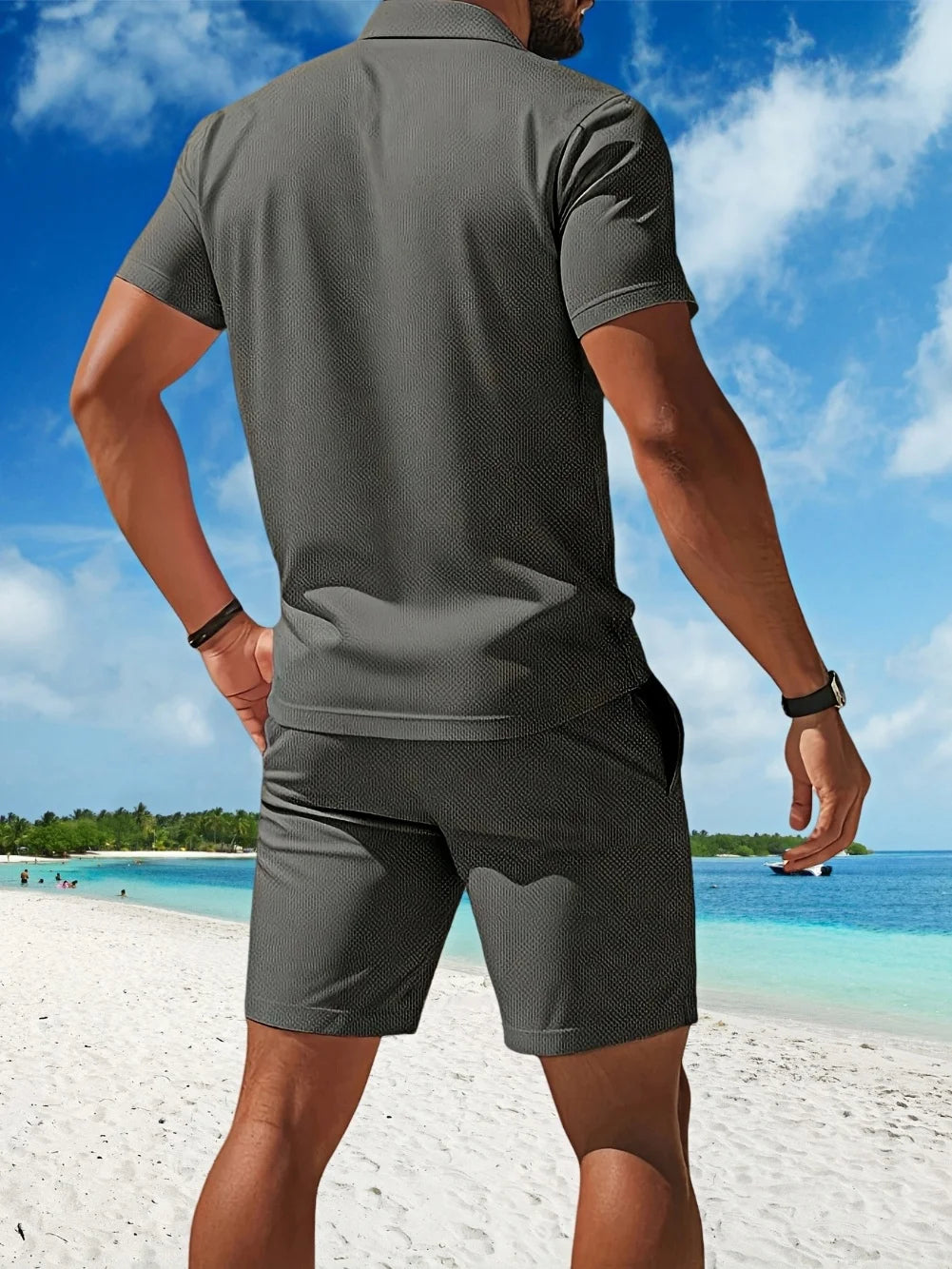 2025 Men's casual sports mesh set, summer T-shirt fashionable, comfortable and breathable lapel beach two-piece set.