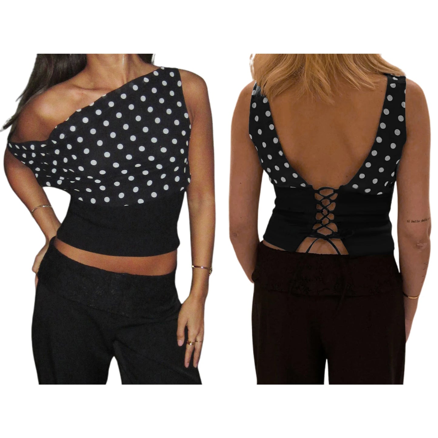Women Summer Off One Shoulder Tops Sleeveless Slash Neck Dotted Contrast Color Lace-up Backless Slim Crop T-Shirts.