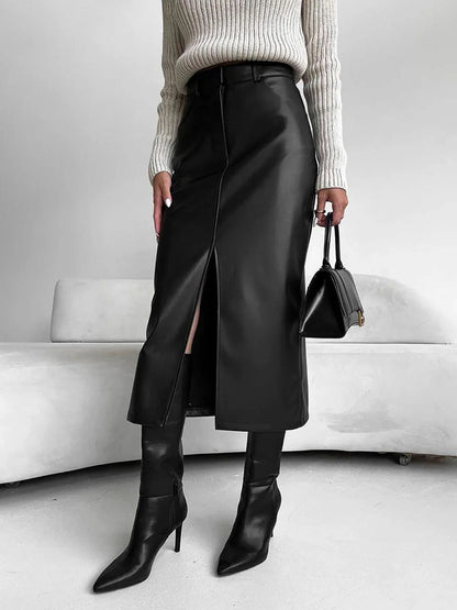 Leather Skirt High Waist Women Front Slit Spring Autumn Long Skirt High Waisted Office Lady Slim Skirts Elegant Ropa De Mujer.