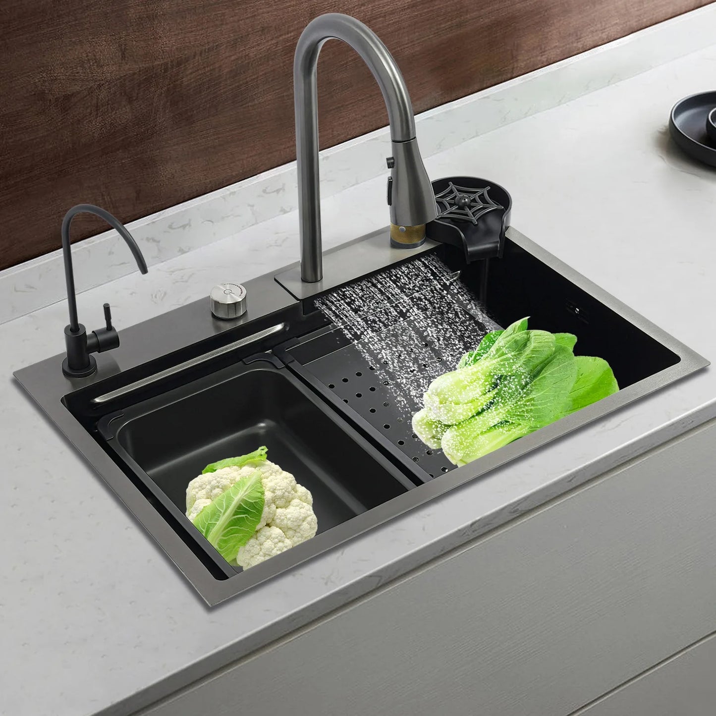 BYMAOCAR Edelstahlspüle, Küchenspüle mit ausziehbarem Wasserhahn, Haushaltsspülbecken-Set, Edelstahl-Wasserfallspüle 68 x 45 x 21 cm