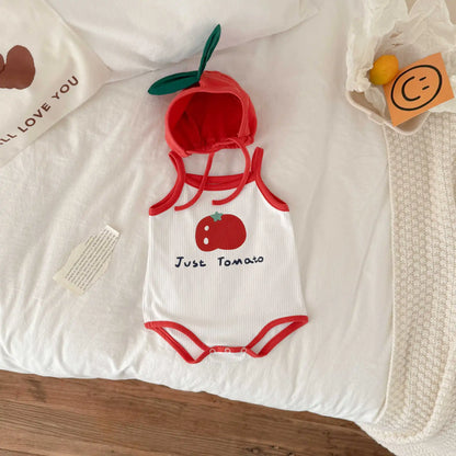 Baby Kleidung Sommer Baby Junge Mädchen Bodysuit Nette Tomaten Druck Ärmellose Infant Sling Onesie + Hut 2Pcs Neugeborenen Fotografie outfit.
