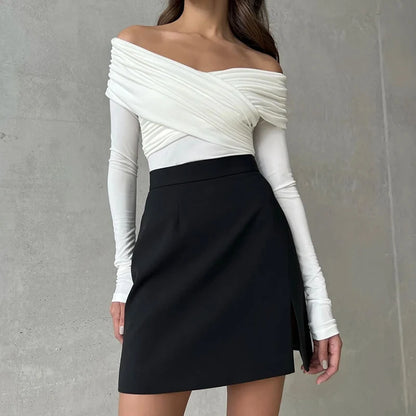AVV Sexy Cross Pleated Off Shoulder Long Sleeve Skinny Bodysuit Ladies Hot Sexy 2024 One Piece Basic Autumn＆Spring Tops.