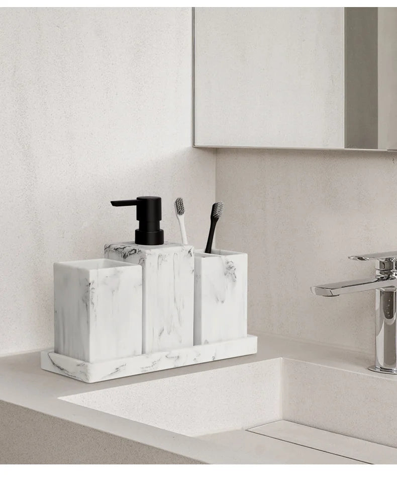 Bathroom Accessories Complete Marble Pattern Lotion Soap Dispenser,Toothbrush Holder,Tumbler,Tray Resin material Black white.