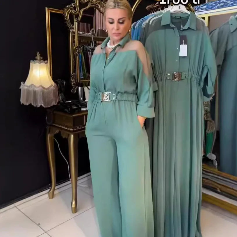 Jumpsuit Full Sleeve Turn Down Collar Office Lady Buttons The Waist Jumpsuits for Women 2024 One Piece Wide Leg Pants Rompers.