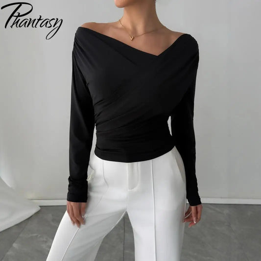 Phantasy New Solid Color Top Fashion Slant Shoulder Collar Shoulder Slimming Long Sleeve Commuter Top Vestido Elegant Tops.