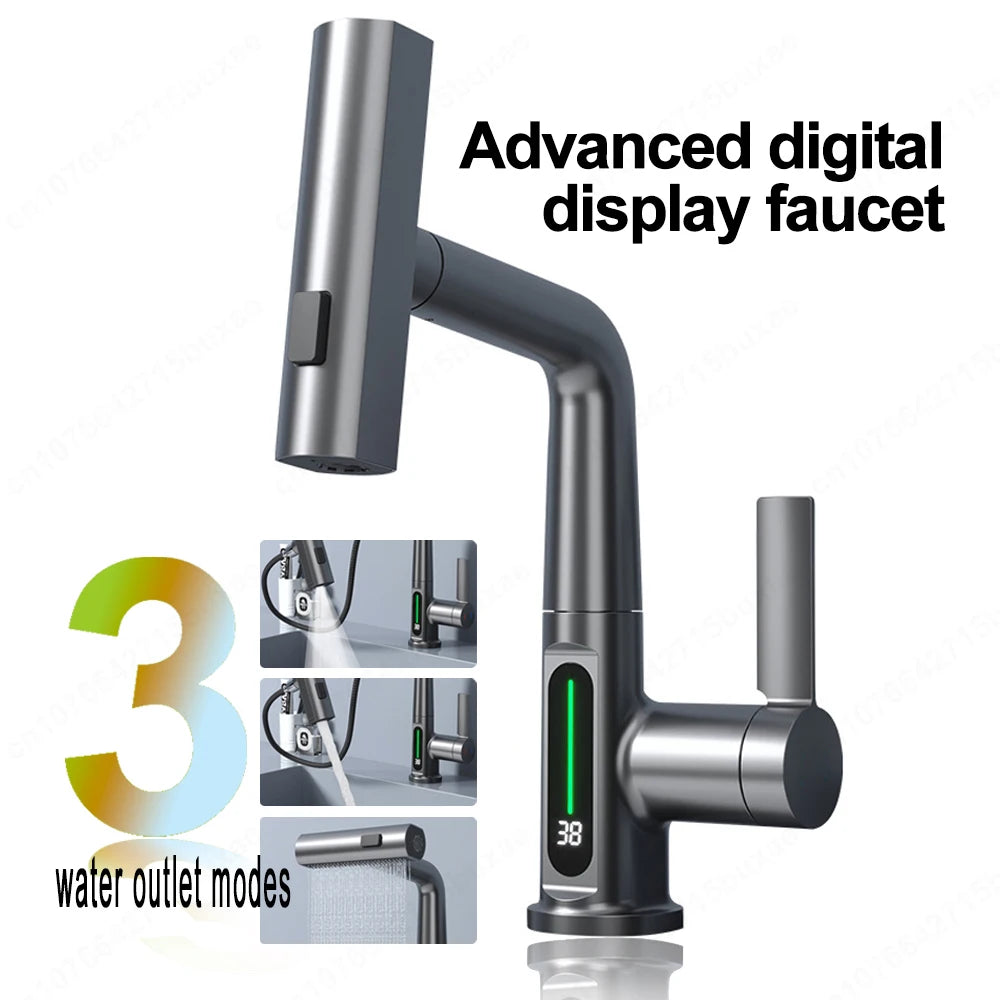 Waterfall Pull Out Kitchen Faucet White Intelligent Digital Display Cold Hot Mixer Taps Rotatable Sink Lifting Basin Faucet