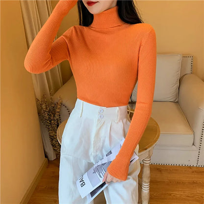 2023 herbst Winter Frauen Langarm Gestrickte Foldover Rollkragen Rippen Pull Pullover Weiche Warme Femme Jumper Pullover Kleidung.