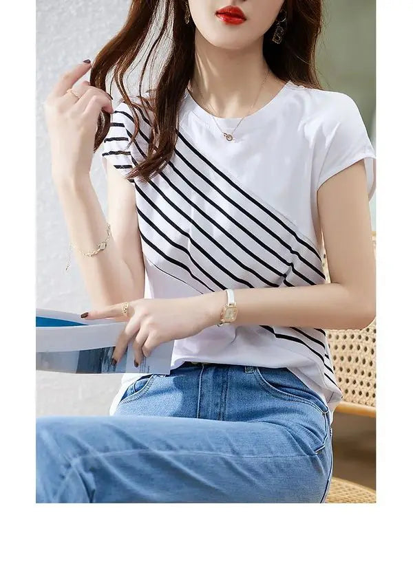 Color Block Striped Slimming T Shirt Women Casual Short Sleeve Top.