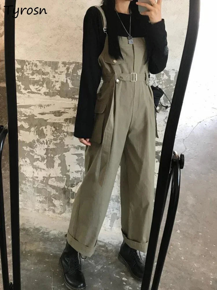 Jumpsuits Women Design Loose Fashion Vintage Students Spring Korean Style Straight Leisure Belt Simple Solid Elegant Tender Cozy.