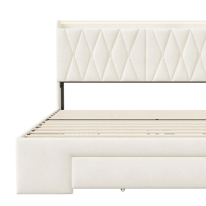 Lazyspace 140 x 200 cm großes Doppelbett mit Kopfteil, gepolstertes Bett mit 3 Schubladen, LED-Beleuchtung, USB Typ C, Samt, Beige, keine Matratze