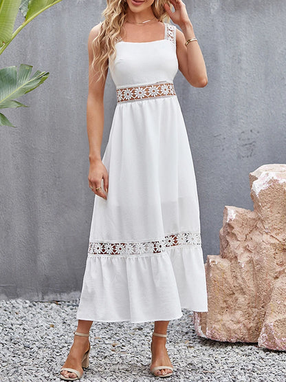 Weiße Lange Kleid Frauen Sommer Sexy Sleeveless Backless Maxi Kleider Damen Elegante Hohle Heraus Spitze Kleid Boho Sommerkleid Vestidos.