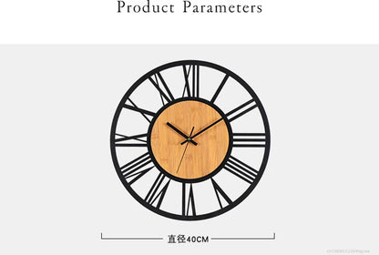 3D Große Wanduhren Nordic Römischen Ziffern Retro Runde Holz Metall Eisen Genaue Stille Hängende Ornament Wohnzimmer Dekoration