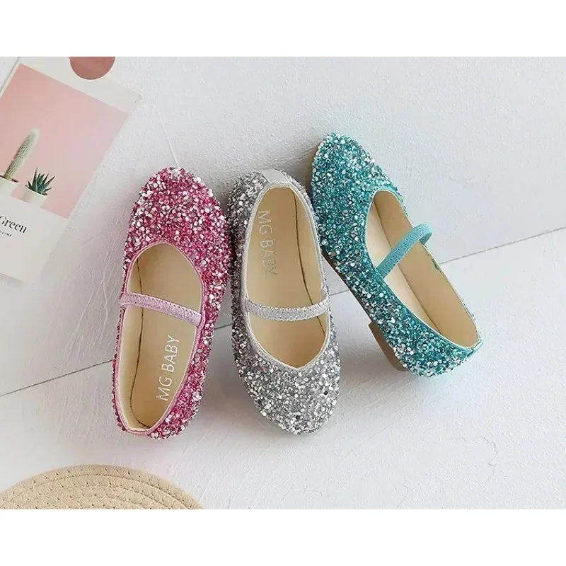 2025 Spring 1 to 12 years old girls dress shoes Beauty Pointed Toe Teen Girl Leather Shoes Bling Princess Wedding Shoes.