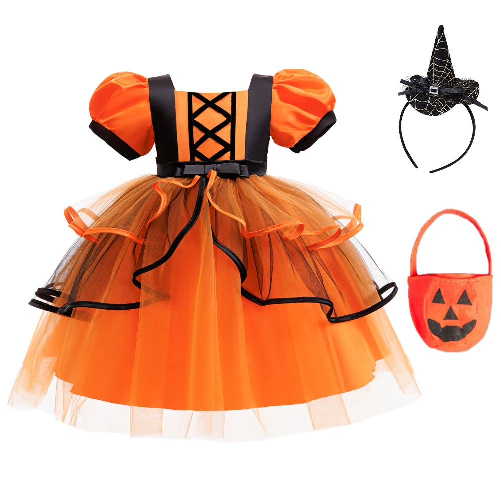 Orangefarbenes Halloween-Kinderkleid für 2–10 Jahre, Polyestermaterial, Puffärmel und mehrlagiger Tüllrock, süße Prinzessinnenkleidung.