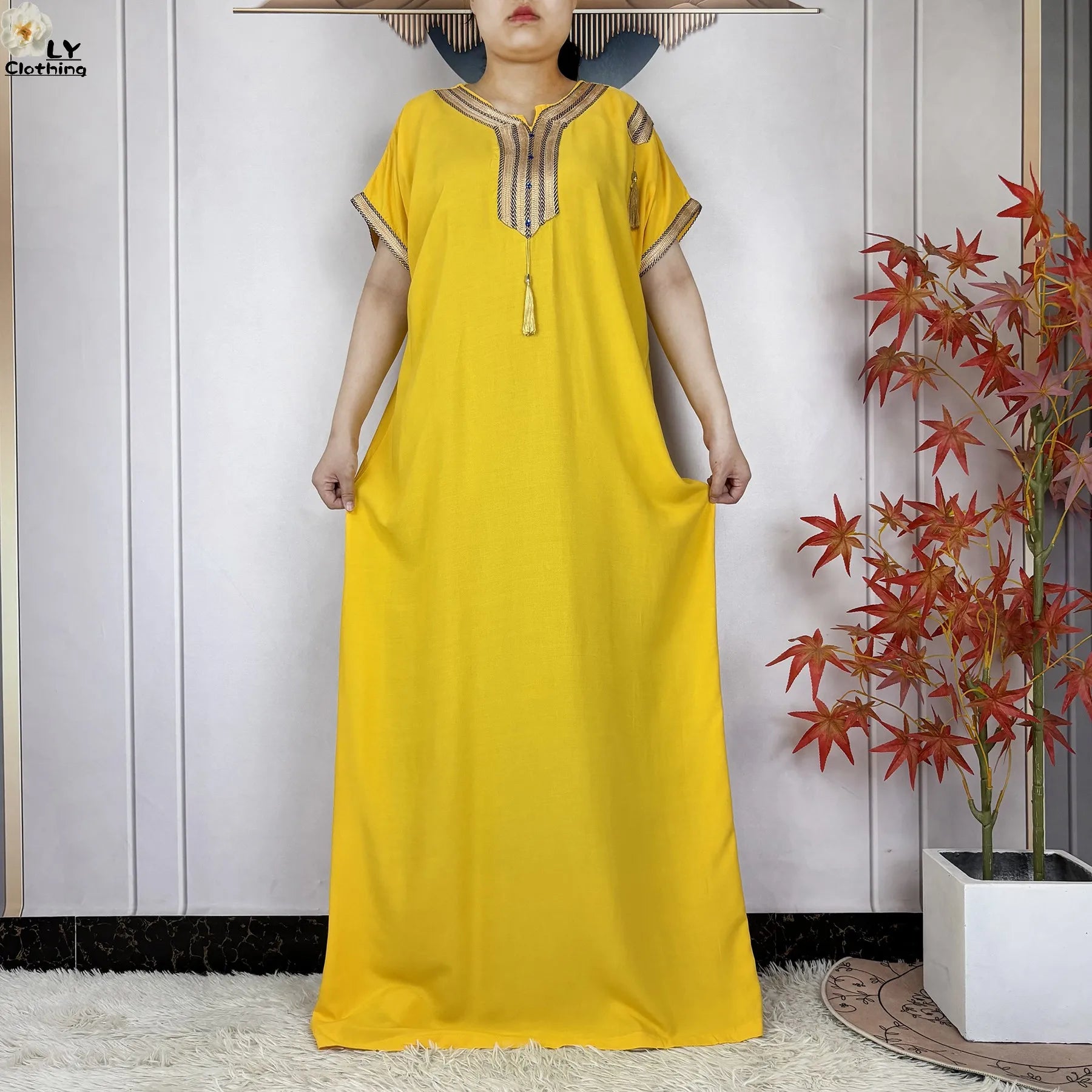 New Muslim Abayas Summer Short Sleeve African Dashiki Tassels Cotton Loose Caftan Lady Maxi Islam Casual Dresses With Headscarf.