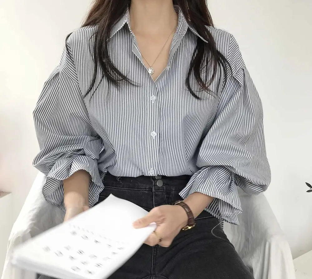 oose Stripe Women Shirts 2025 Fashion Lapel Collar Long Sleeve Shirt Elegant Classic Top.