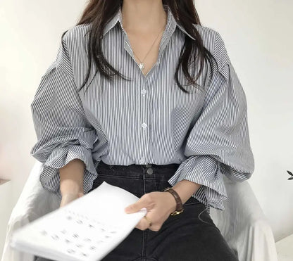 oose Stripe Women Shirts 2025 Fashion Lapel Collar Long Sleeve Shirt Elegant Classic Top.