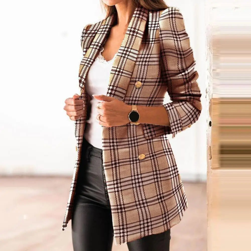 Frauen Herbst Blazer Revers Strickjacke Lange Ärmeln Doppel-breasted Slim Fit Warm Lässige Dick Plaid Print Lady Mantel für arbeit Jacke.