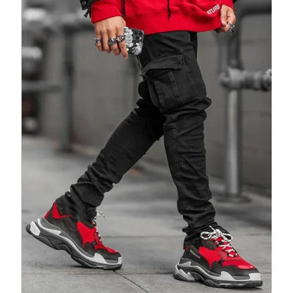 Men Casual Pencil Jeans Male Elastic Multi Pocket Small Slim High Street Denim Pants Wash Solid Color Mid Waist Cargo Jeans.