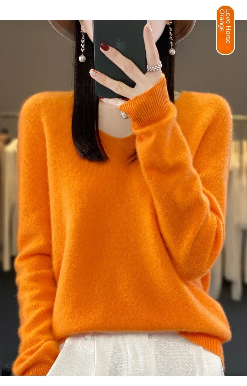2024 100% Merino Reine Wolle V-ausschnitt Herbst Und Winter Pullover Pullover Neue Kaschmir Pullover frauen Beiläufige Gestrickte Top DMR201.