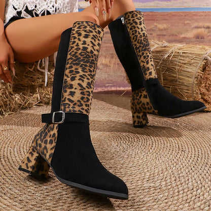 Plus Size 43 Leopard Print Women's Long Boots Mix Color Thick High Heels Boots Woman Autumn Winter Fashion Knee High Botas Mujer.