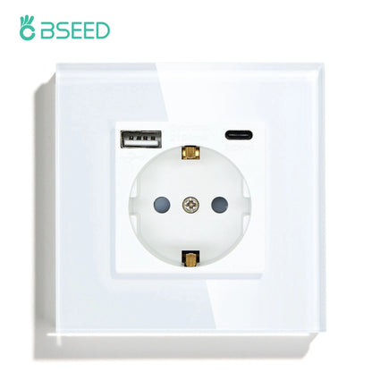 BSEED 1/2/3Gang Touch Licht Schalter 1Way Einfache Sensor Schalter Typ-c USB Steckdosen EU Standard glas Panel Blaue Hintergrundbeleuchtung 10A Weiß.