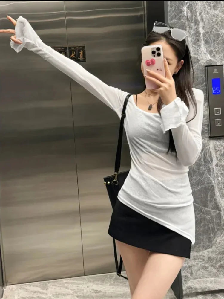 Mesh Sheer Irregular T Shirt For Women New Long Sleeve See-Through Korean Pullover Tops Sexy Autumn Girls Top Tee Shirt Casual.