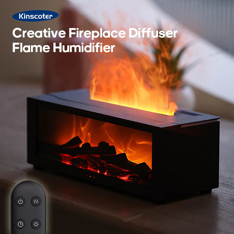 Colorful Flame Fireplace Aroma Diffuser 150ml Waterless Auto-Off Air Humidifier with Timer Remote Control for Home Bedroom Gift.