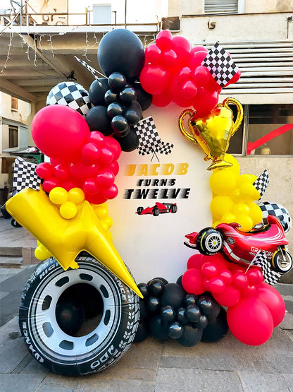 5/120-teiliges Racing-Themen-Party-Ballon-Set, Blitz, Gold-Champion, Autoreifen-Luftballons für Renn-Geburtstagsparty-Dekorationen.
