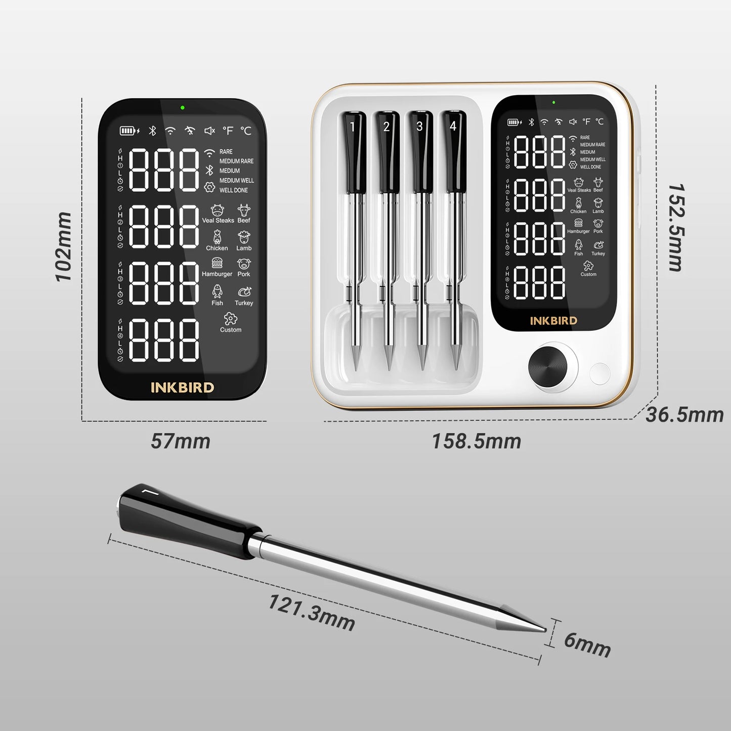 INKBIRD INT-14-BW 3-Mode WiFi/Bluetooth BBQ Thermometer, 4 Wireless Probes, IP67 Waterproof, ±1℃, 25H Battery, Smart App Control.