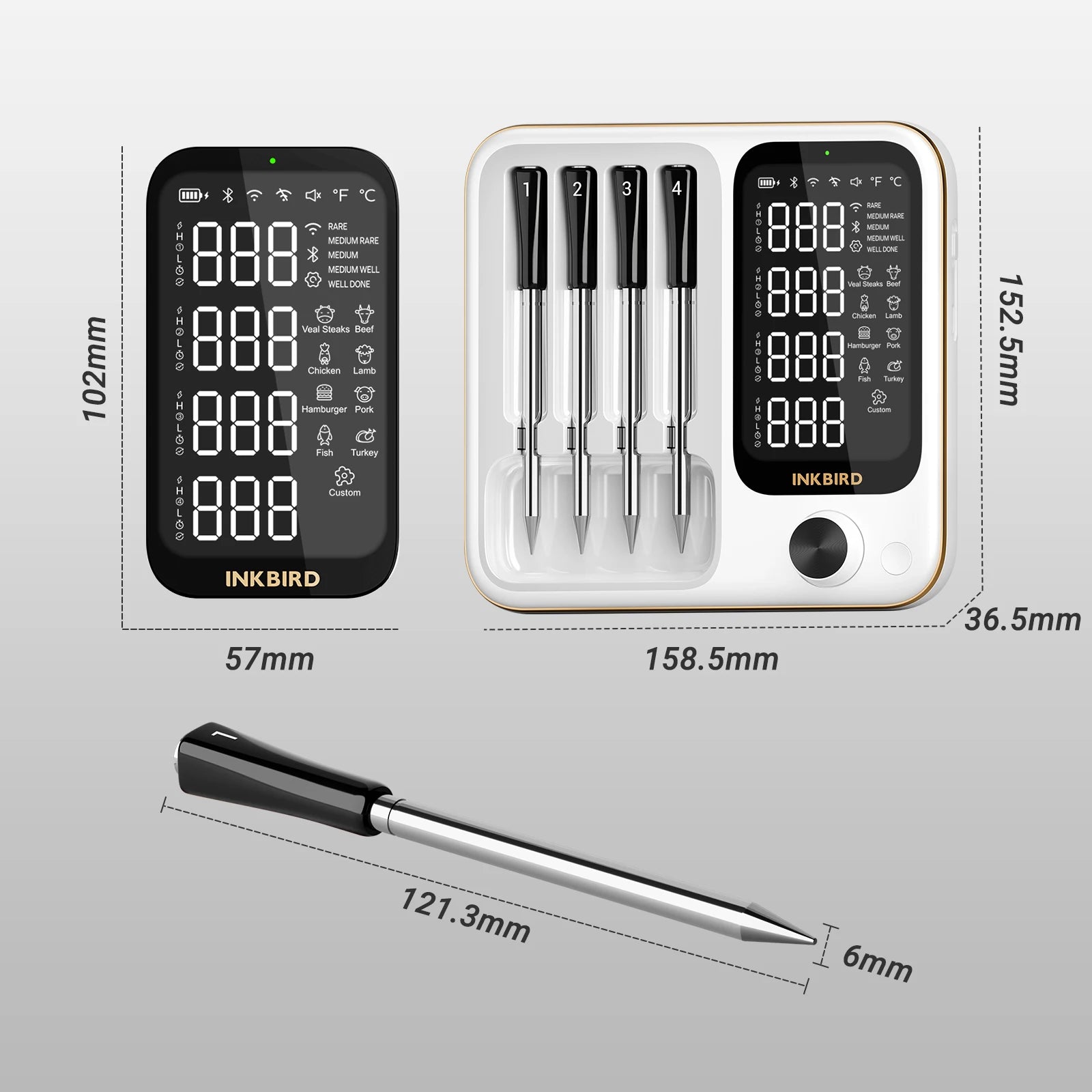 INKBIRD INT-14-BW 3-Mode WiFi/Bluetooth BBQ Thermometer, 4 Wireless Probes, IP67 Waterproof, ±1℃, 25H Battery, Smart App Control.