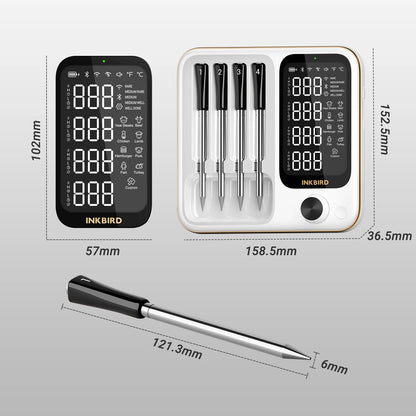 INKBIRD INT-14-BW 3-Mode WiFi/Bluetooth BBQ Thermometer, 4 Wireless Probes, IP67 Waterproof, ±1℃, 25H Battery, Smart App Control.