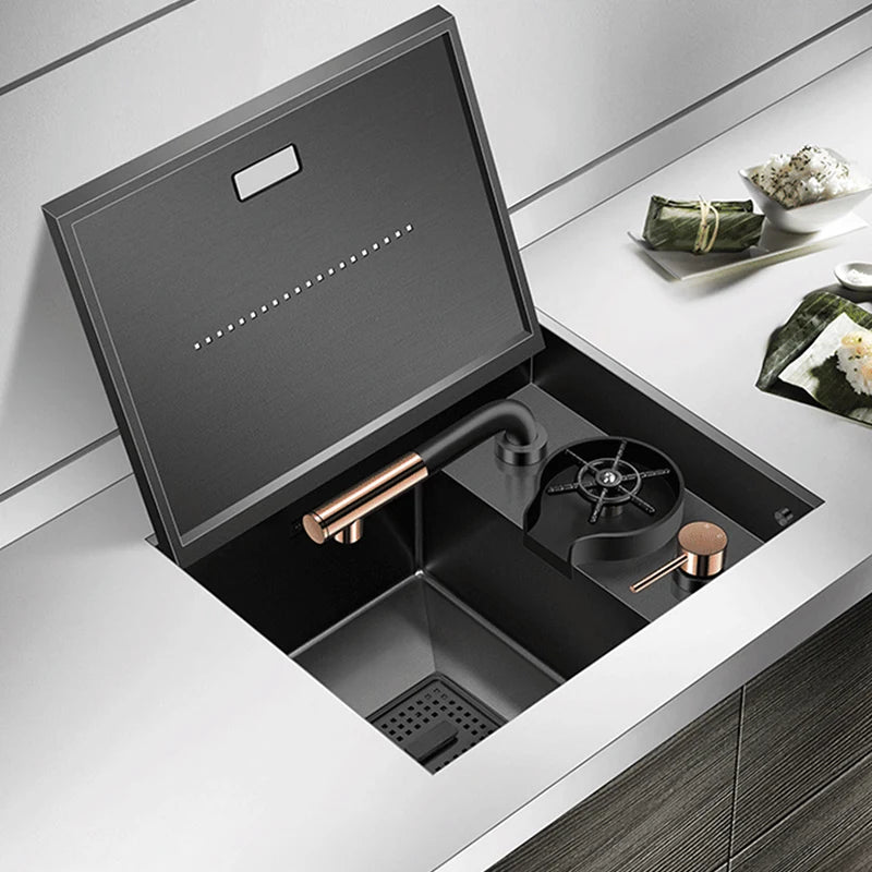 Nanometer Hidden Bar Island kitchen Sink 304 Stainless Steel Flip Cover Hidden Handmade Small Size kitchen Sinks With Cup Rinser