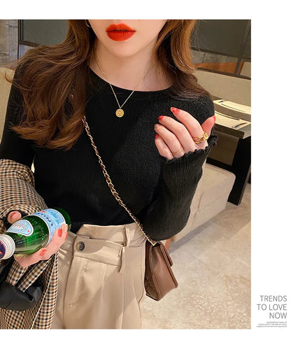 2025Oansatz Rippen Langarm Koreanische Dünne Weibliche Pullover Frauen Pullover Stricken Weiche Jumper Tops Geraffte Herbst Winter Tops.