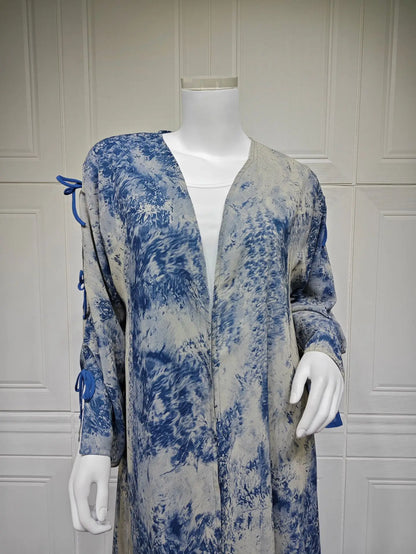 Ramadan Eid Tie Dye Butterfly Bow Muslim Modest Kimono Abaya Damen Dubai Luxury Islam Women Kebaya With Hijab Kaftan Robe Femme
