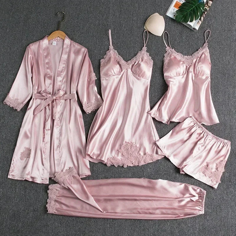 5-teiliges Set Damen-Nachtwäsche, sexy Seiden-Nachthemd, Spitzen-Satin-Nachthemd, Weste mit V-Ausschnitt, atmungsaktiv, bequemes Damen-Nachthemd.