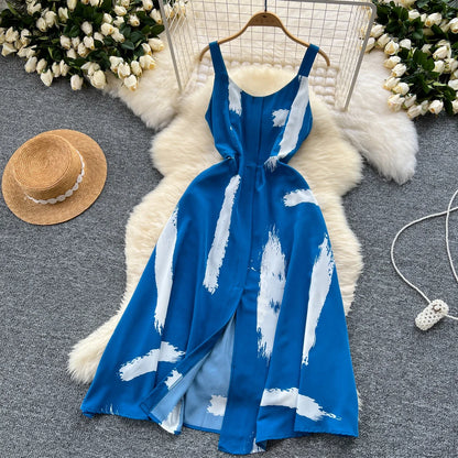 Neue Sommer Druck Süße Kleid Träger O Neck Backless Split Elegante Damen Urlaub Strand Party Midi Sommerkleid